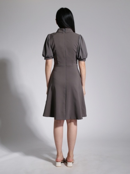 Puff Sleeve Front Button Pleated Dress 23765