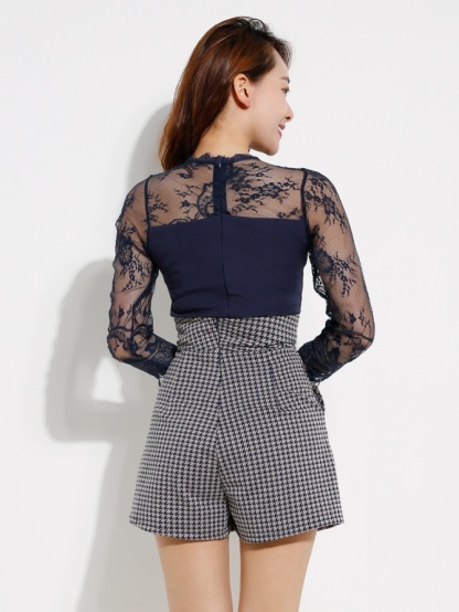 Transparent Top With Houndstooth Short Pants Set 12807