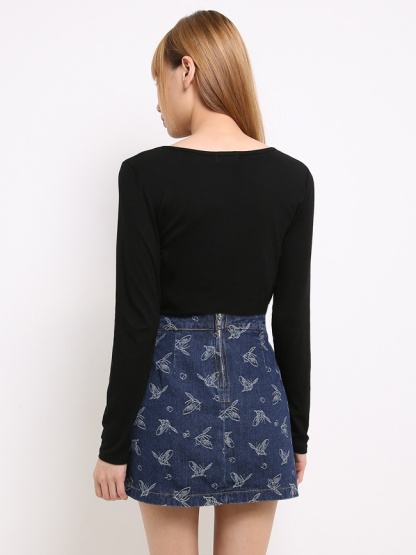 Side Button Printed Denim Skirt 14197