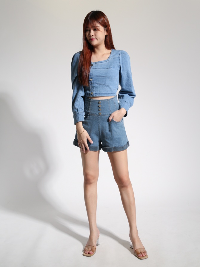 Denim Front Button Long Sleeve Top 22568