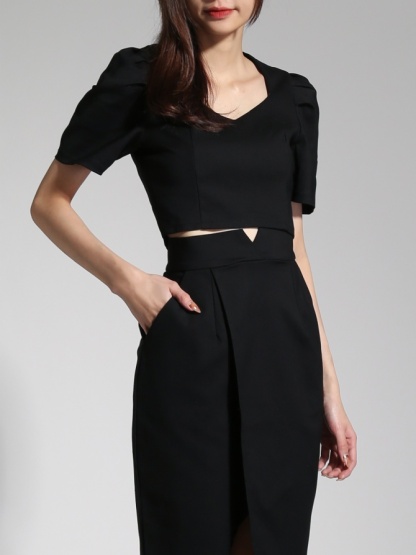 Puff Short Sleeve Top With Pocket Slit Skirt Set 23729