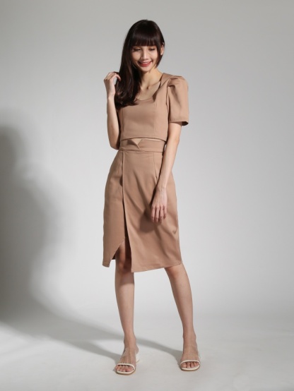 Puff Short Sleeve Top With Pocket Slit Skirt Set 23729