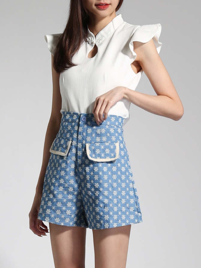 Sleeveless T Shirt Button Pocket Short Pants Set 23743