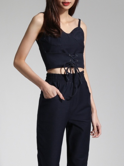 Adjustable Spaghetti Strap Top With Long Sweat Pants Set 23744