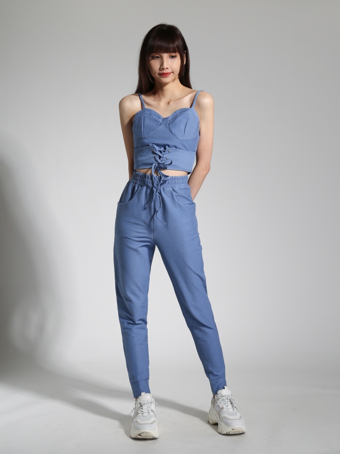Adjustable Spaghetti Strap Top With Long Sweat Pants Set 23744