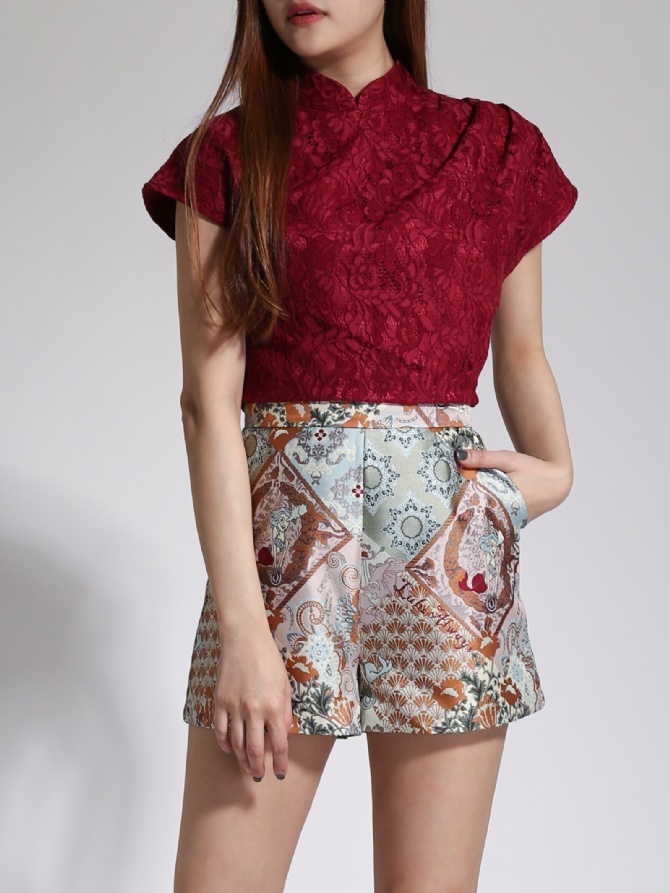 Cheongsam Cap Sleeve Top With Abstract Floral Short Pants Set 24054