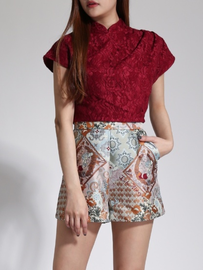 Cheongsam Cap Sleeve Top With Abstract Floral Short Pants Set 24054