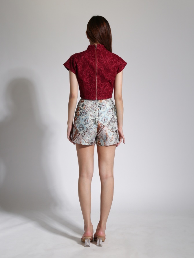 Cheongsam Cap Sleeve Top With Abstract Floral Short Pants Set 24054