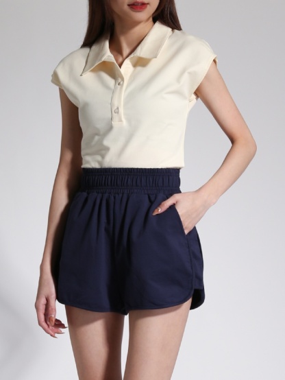 Sleeveless Collar Top With Waist Stretchable Short Pants Sets 24069