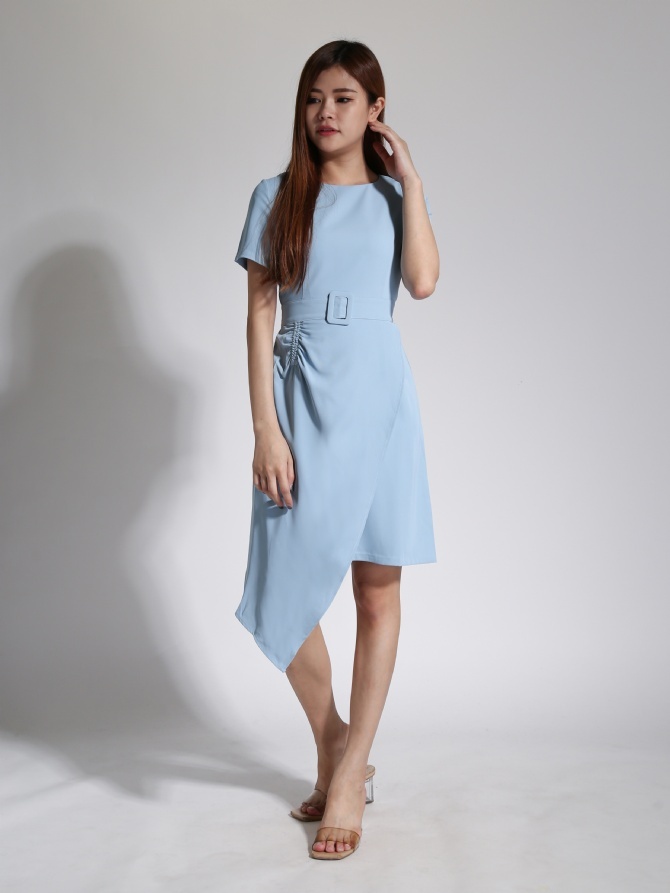 Irregular Long With Pleated And Decorative Belt Dress 24085