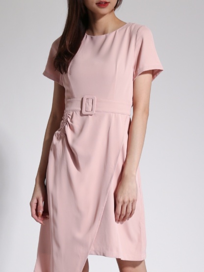 Irregular Long With Pleated And Decorative Belt Dress 24085