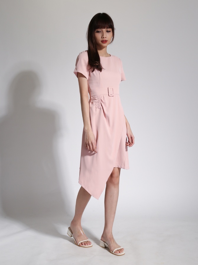 Irregular Long With Pleated And Decorative Belt Dress 24085