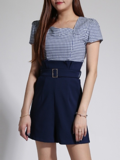 Checker Square Neck With Plain Bottom With Belt Jumpsuit 23918