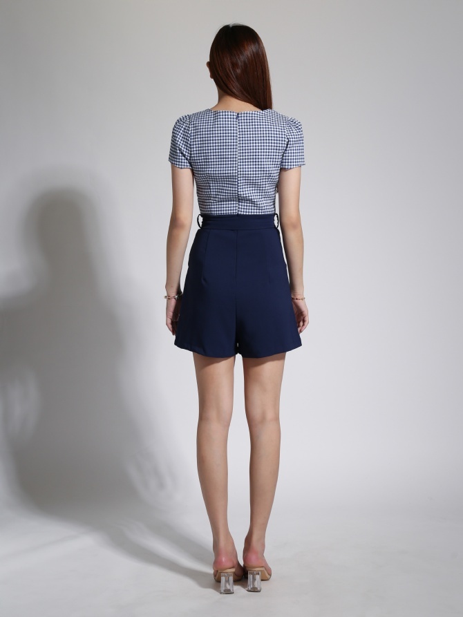 Checker Square Neck With Plain Bottom With Belt Jumpsuit 23918