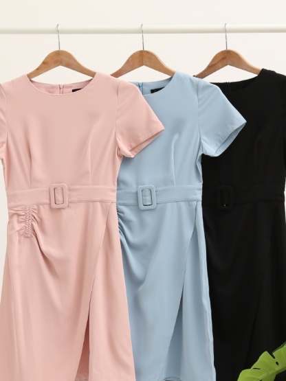 Irregular Long With Pleated And Decorative Belt Dress 24085