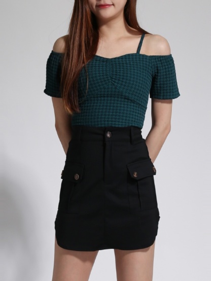 Checker Off Shoulder Top With Skirt Pants Set 23941