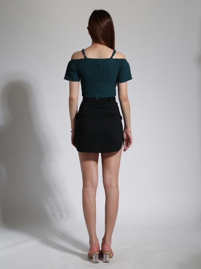 Checker Off Shoulder Top With Skirt Pants Set 23941