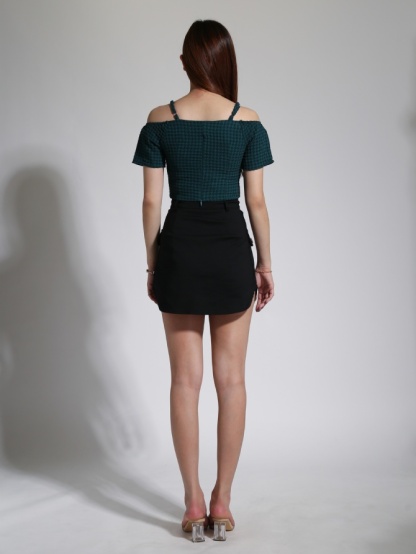 Checker Off Shoulder Top With Skirt Pants Set 23941