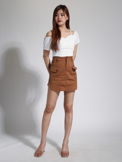 Checker Off Shoulder Top With Skirt Pants Set 23941