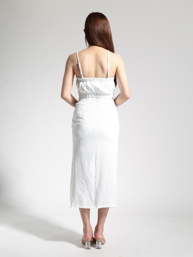 Elegant With Strap Crop Top With Side Pleated Split Skirt Set 22938