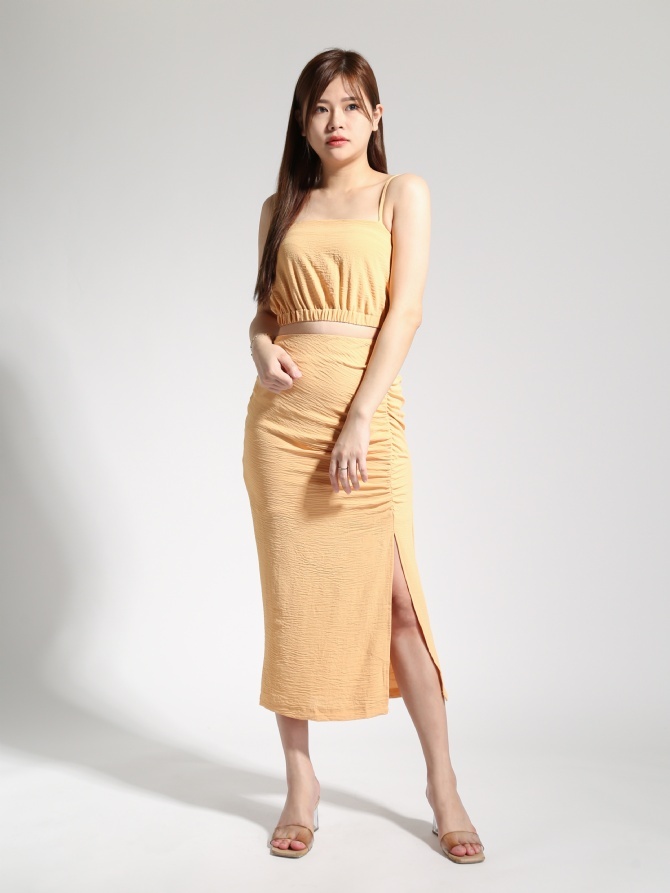 Elegant With Strap Crop Top With Side Pleated Split Skirt Set 22938
