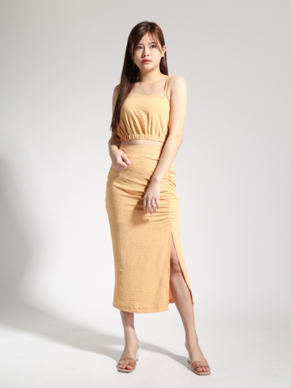 Elegant With Strap Crop Top With Side Pleated Split Skirt Set 22938