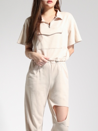 Front Zip Turtke Neck Top With Ripped Hole Long Pants Set 22960