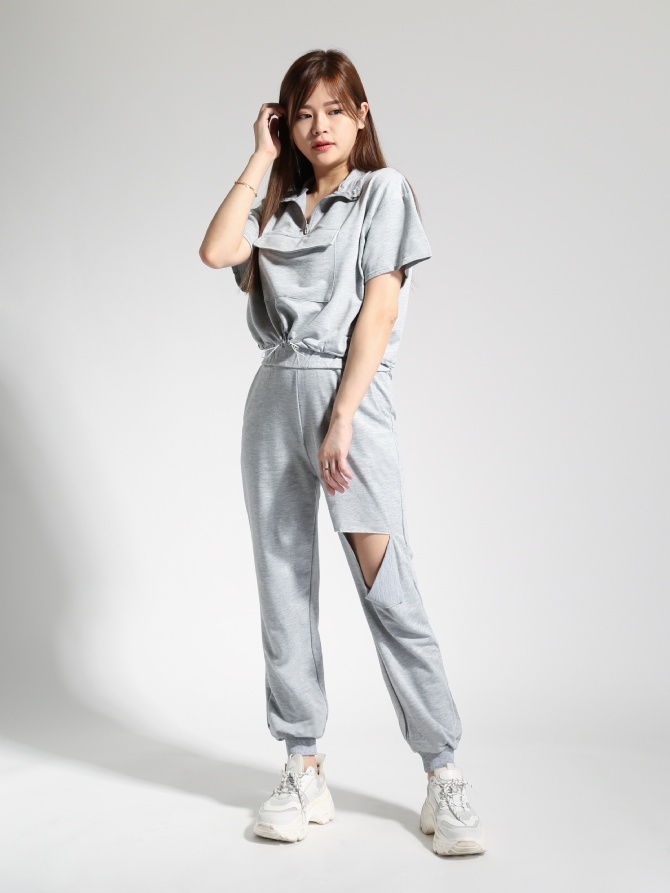 Front Zip Turtke Neck Top With Ripped Hole Long Pants Set 22960
