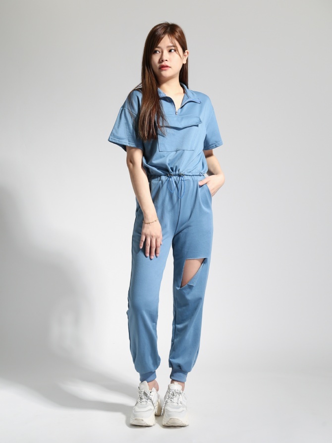 Front Zip Turtke Neck Top With Ripped Hole Long Pants Set 22960
