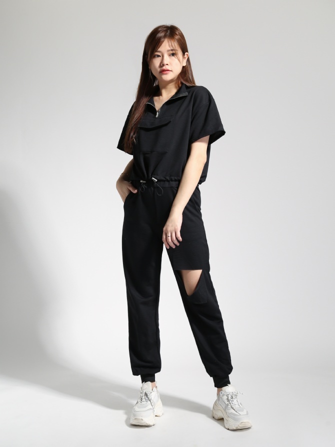 Front Zip Turtke Neck Top With Ripped Hole Long Pants Set 22960