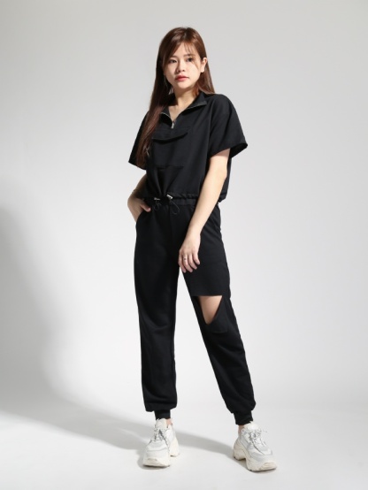 Front Zip Turtke Neck Top With Ripped Hole Long Pants Set 22960