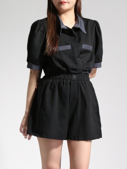 Casual Formal Collar Front Button Top With Short Pants Set 23020