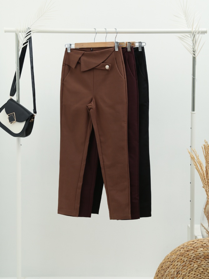 High Waist Decorative Belt Side Pocket Long Pants 23048