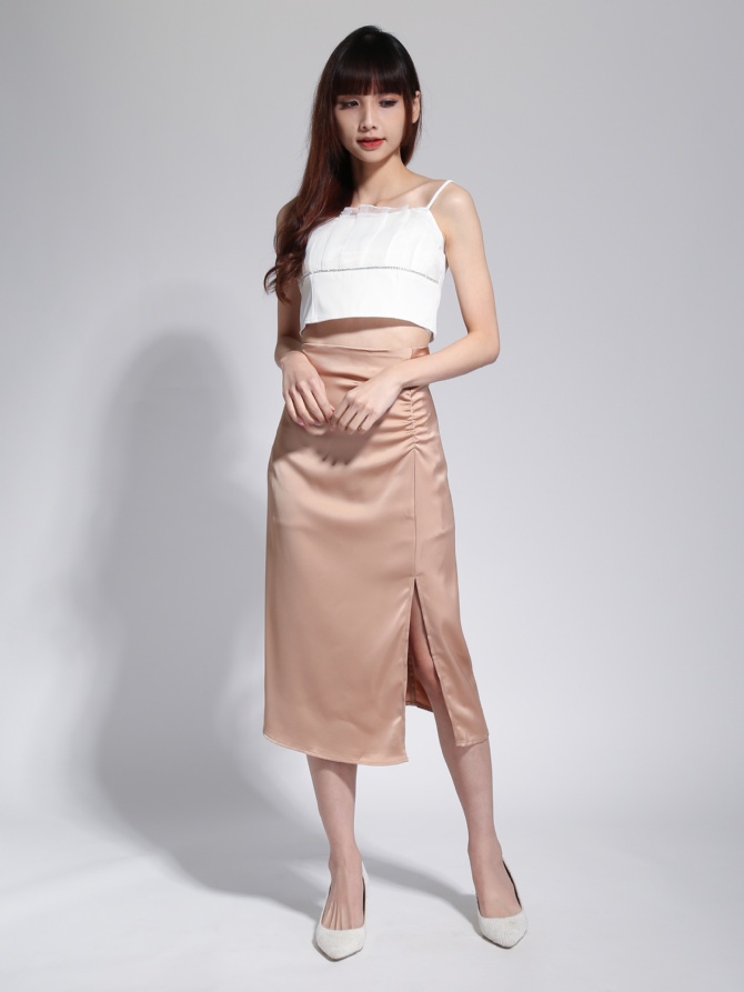 High Waist Formal Side Pleated With Split Skirt 23057
