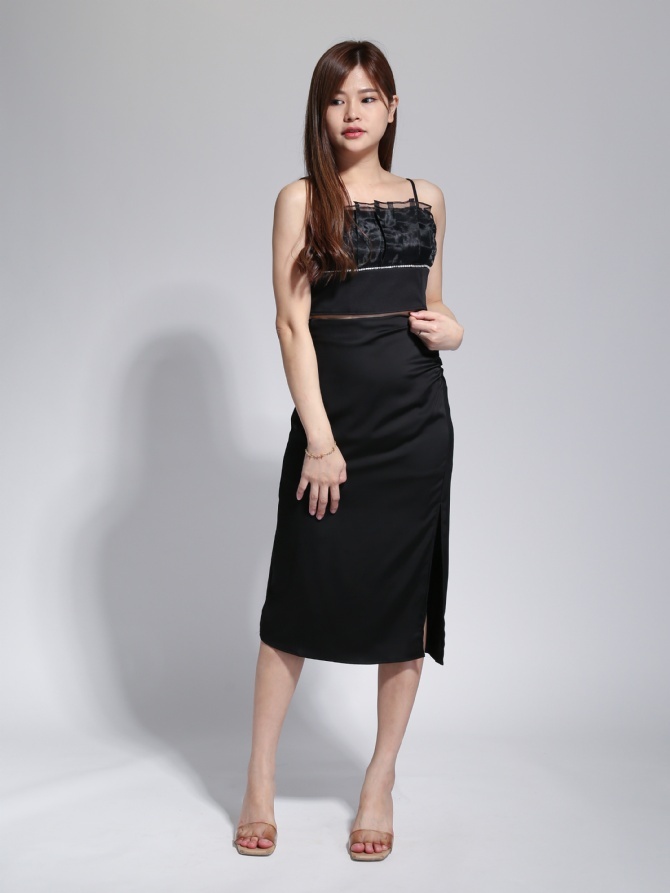 High Waist Formal Side Pleated With Split Skirt 23057