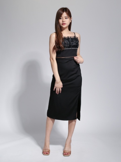 High Waist Formal Side Pleated With Split Skirt 23057