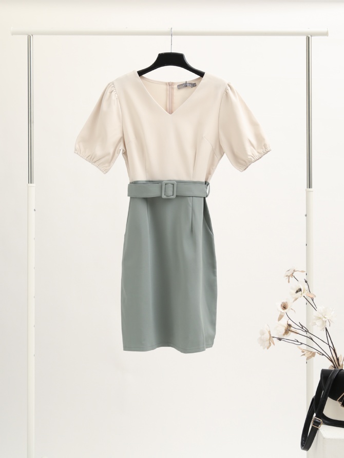 Two Tone V Neck Dress With Belt 16515