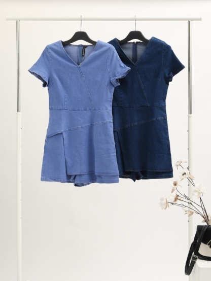Denim V Neck Skirt Pants Jumpsuit 16522