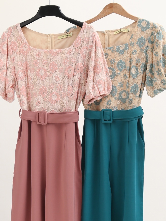 Puff Sleeve Lace With Belt Jumpsuit 16551