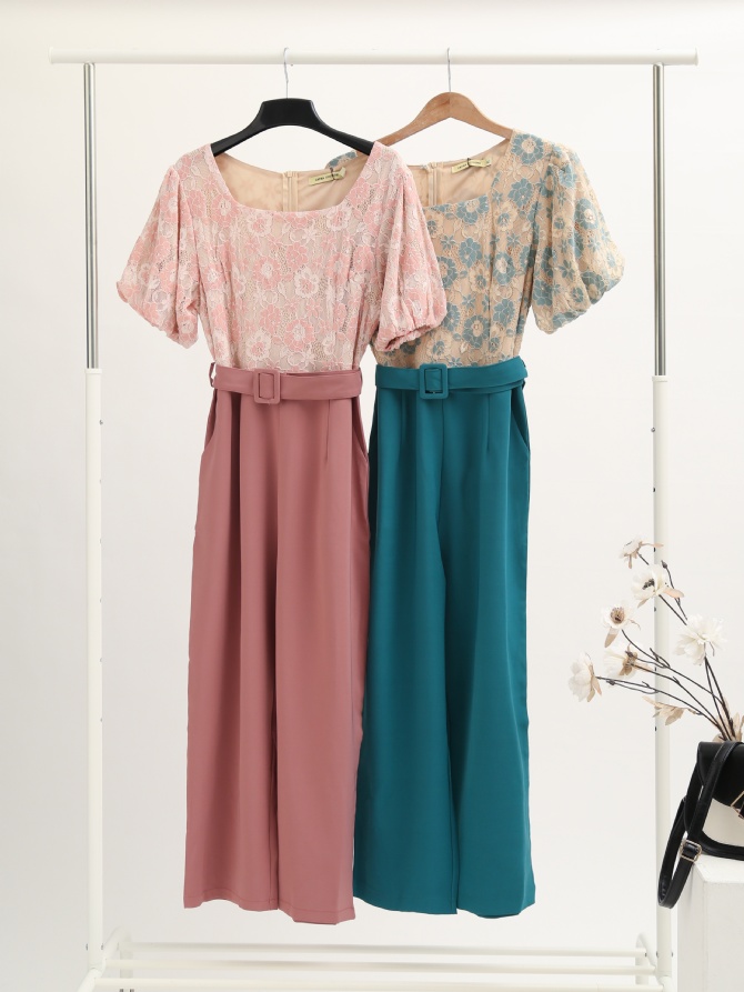 Puff Sleeve Lace With Belt Jumpsuit 16551