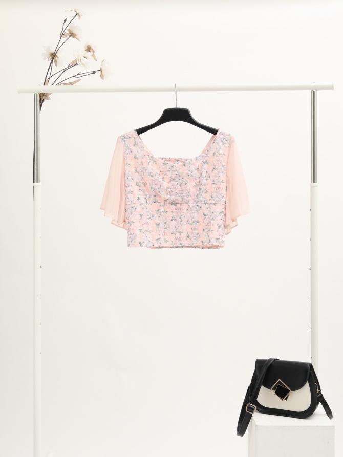 Butterfly Sleeve With Printed Flower Crop Top 16544