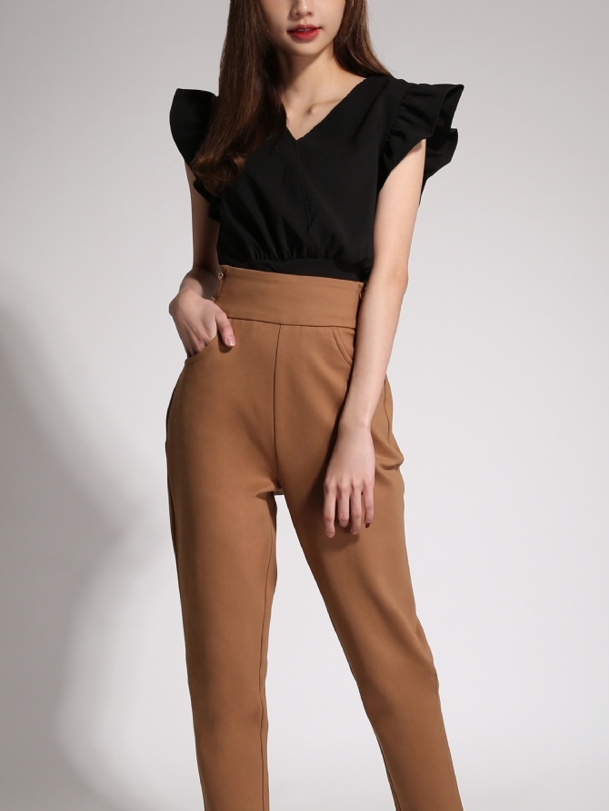 High Waist Decorative Button Long Pants 20056