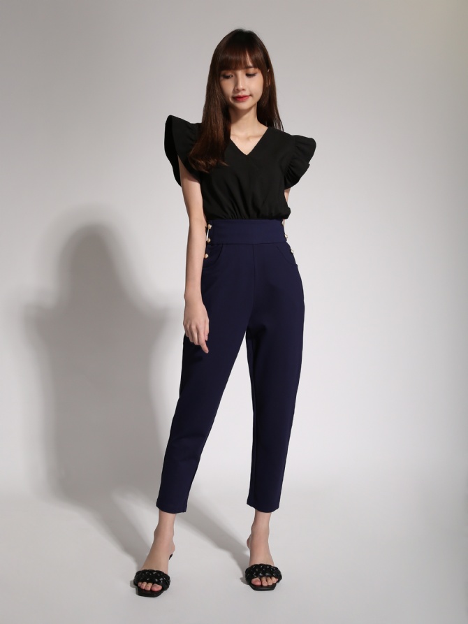 High Waist Decorative Button Long Pants 20056