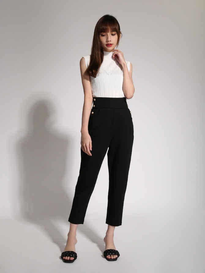 High Waist Decorative Button Long Pants 20056