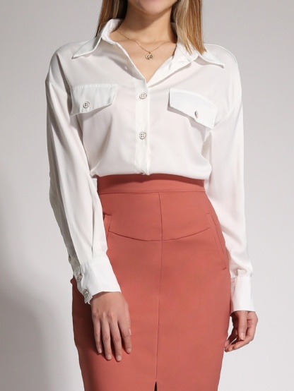 Collar Fake Pocket Front Button Long Sleeve Top 20221