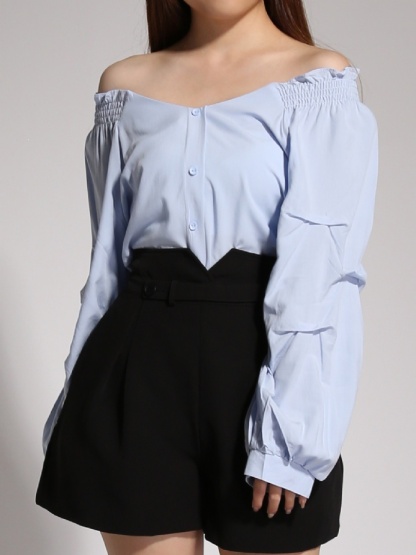 V Neck Shoulder Stretchable With Sleeve Pleated Blouse 20446