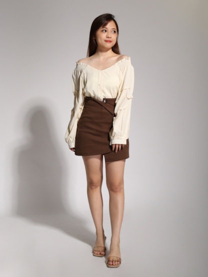 V Neck Shoulder Stretchable With Sleeve Pleated Blouse 20446