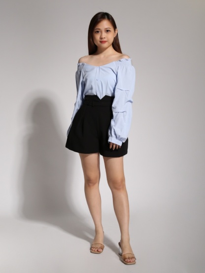V Neck Shoulder Stretchable With Sleeve Pleated Blouse 20446