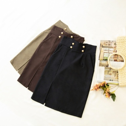 High Waist Decorative Button Slit Skirt 21069