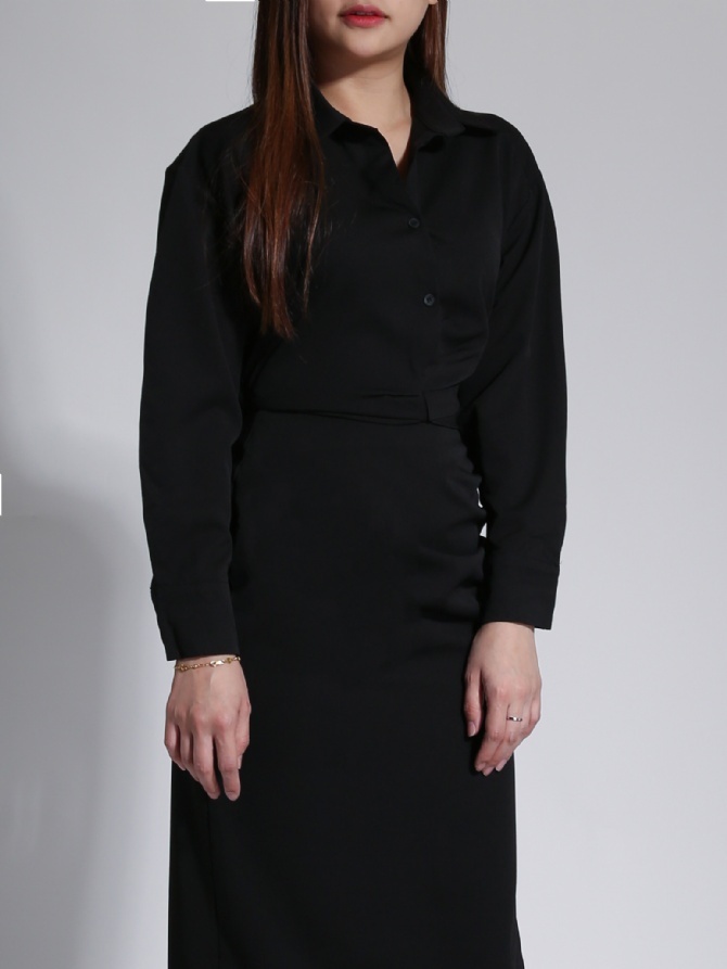 Formal Collar Long Sleeve Top With Side Pleated Skirt Set 23365